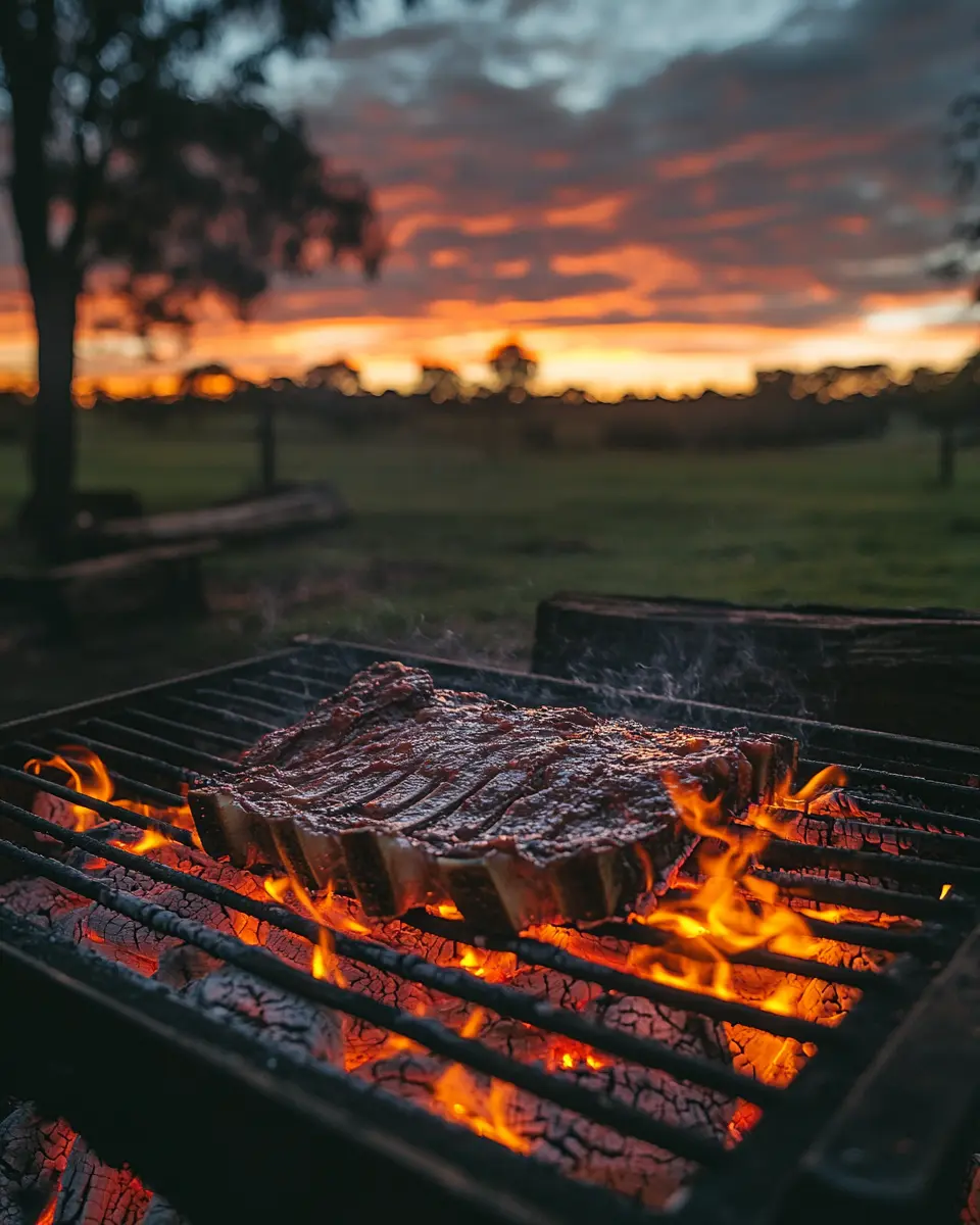 Asado fire pit at dusk — the origin of Ember & Oak